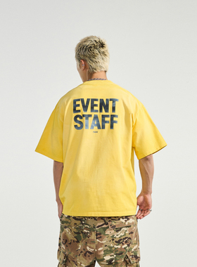 PMW 复古水洗做旧褪色标语印花黄色短袖T恤OVERSIZE宽松休闲夏装