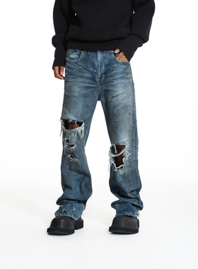 PMW 明星同款美式复古水洗做旧破坏蓝色裤男牛仔裤