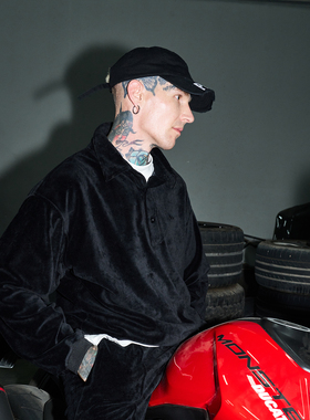 PMW 辛芷蕾同款美式翻领半门襟丝绒质感上衣刺绣LOGO宽松百搭卫衣