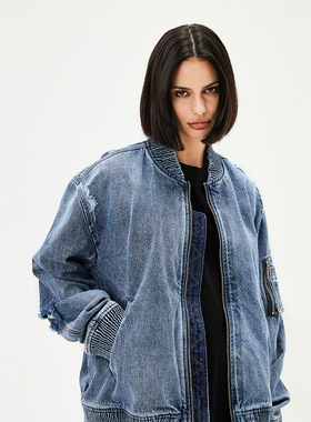 PMW 复古蓝色水洗破洞破坏牛仔衣设计感休闲夹克外套