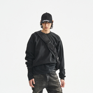 复古水洗做旧圆领套头卫衣男宽短BOXY卫衣情侣款 PMW 美式