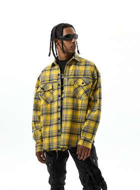 PMW 明星同款复古水洗毛边重磅黄格子衬衫美式撞色宽松上衣外套