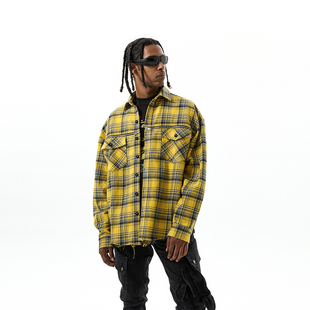 美式 复古水洗毛边重磅黄格子衬衫 撞色宽松上衣外套 明星同款 PMW