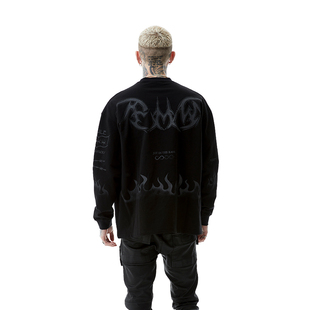 卫衣男 T恤嘻哈街头宽松休闲薄款 PMW 复古朋克做旧火焰印花长袖