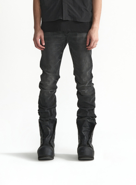 PMW 美式复古水洗做旧牛仔裤男女同款灰色弹力修身微喇直筒长裤