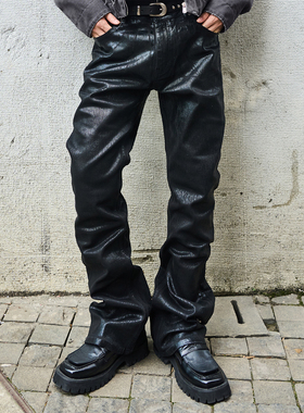 PMW 12.5OZ棉弹重磅爆裂纹涂层斑驳牛仔裤微喇休闲百搭牛仔蜡裤