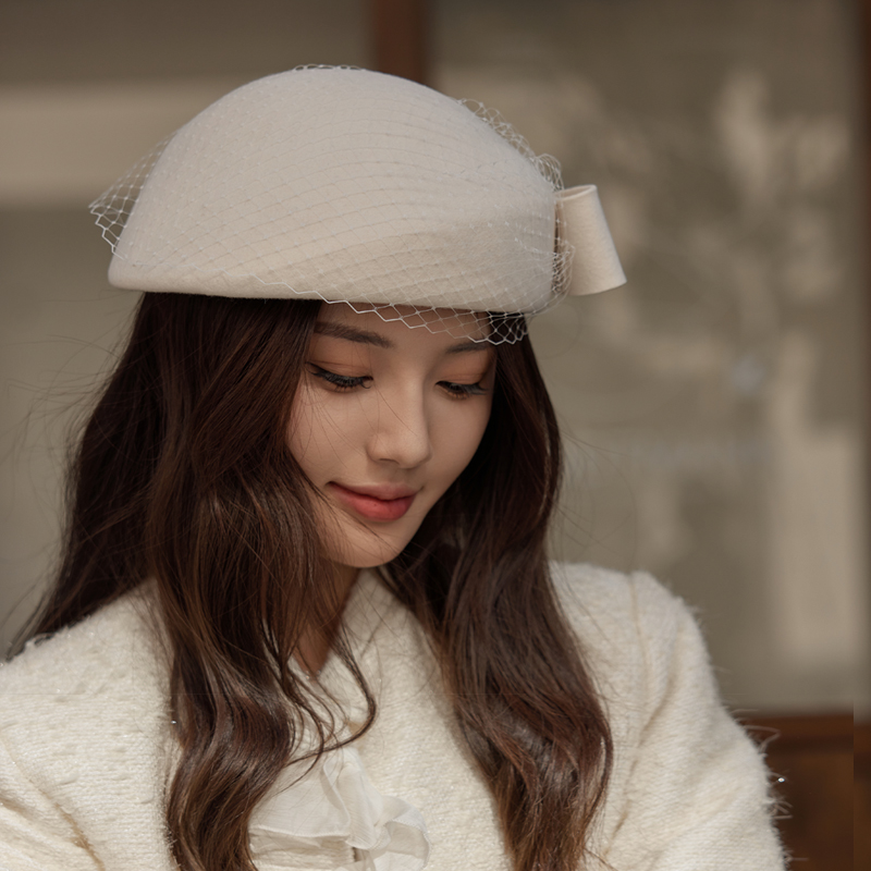 谷兜空间贝雷帽出游冬网纱蝴蝶结