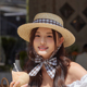 女夏天 日系格子系带平顶麦秆草帽子遮阳防晒时装 帽草帽 沙滩帽