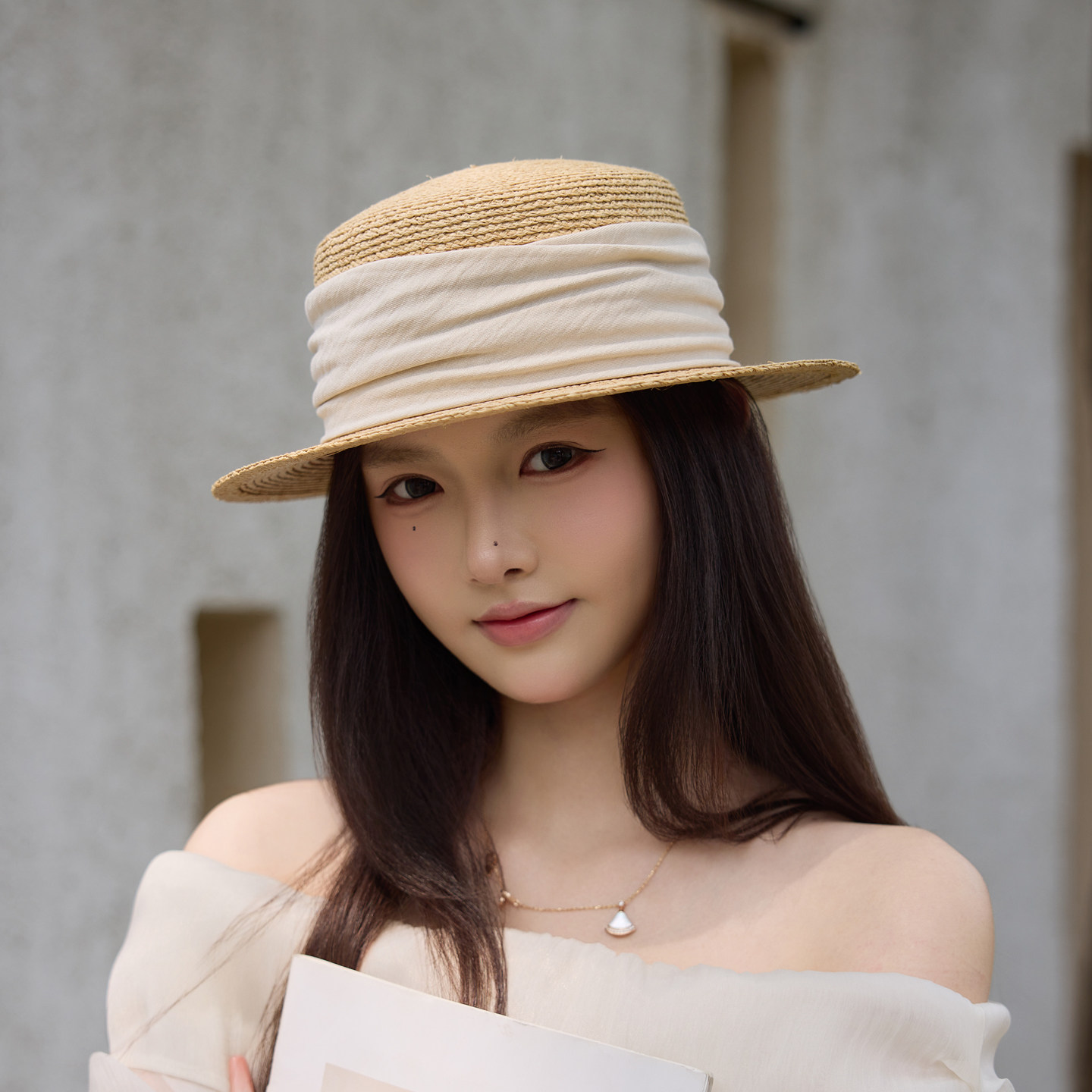 春夏棉麻马卡龙色平顶拉菲草帽女新款法式遮阳防晒平帽檐夏天礼帽