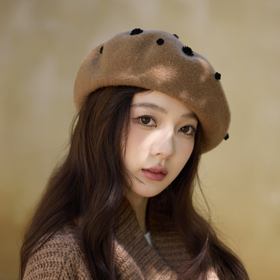 2025秋冬玫瑰花装饰羊毛贝雷帽 玫瑰贝雷帽优雅立体复古画家帽子