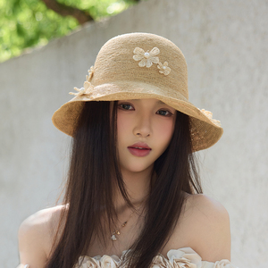 2026花朵细拉菲草遮阳渔夫盆大帽檐多色入手工珍珠花朵防晒渔夫帽