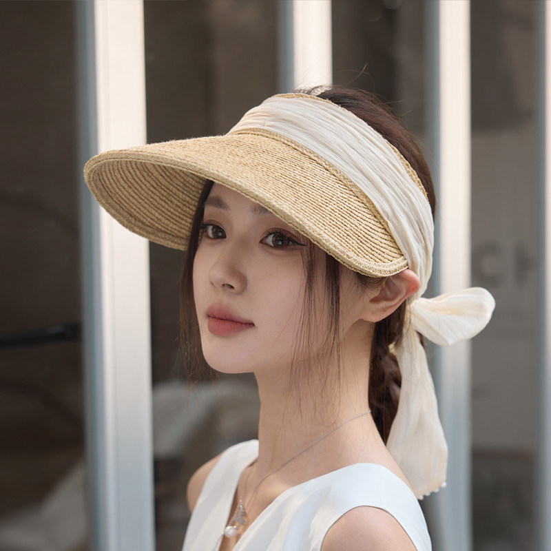 2026春夏新款长蝴蝶结拉菲草空顶草帽女夏防晒遮阳帽子大檐太阳帽
