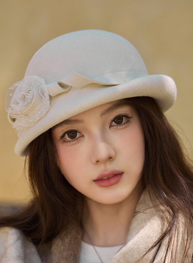 25花朵网纱羊毛呢贝雷帽女秋冬帽子法式复古赫本白色毡帽千金礼帽