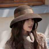 秋冬新款 法式 复古毛呢青咖渔夫盆帽赫本羊毛呢礼帽盆帽渔夫帽子女