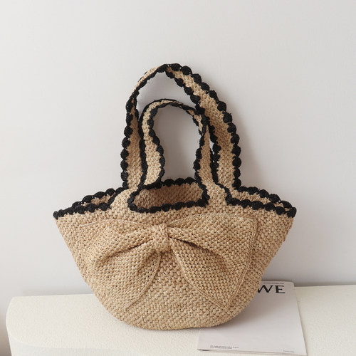 2026春蝴蝶结拉菲草手工编织包女度假旅行手提单肩包大容量托特包