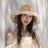 小众设计师款 定制蕾丝仙女款 拉菲草渔夫帽可折叠防紫外线蕾丝草帽