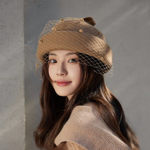 谷兜空间小礼帽出游韩版女冬网纱