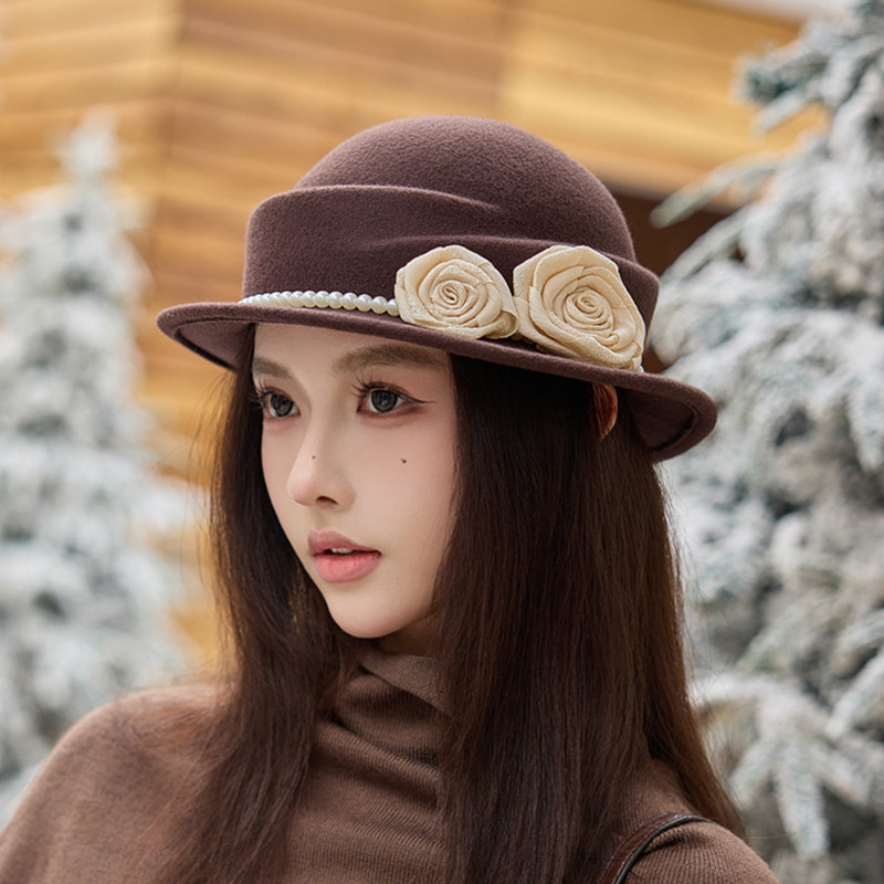 法式千金风山茶花朵毛呢贝雷帽子女秋冬季赫本风盆帽名媛礼帽洋气