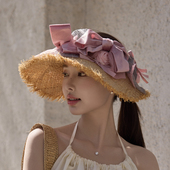 夏手工拉菲草薄雾欧根纱仙气大沿空顶帽蝴蝶结遮阳防晒花朵草帽女