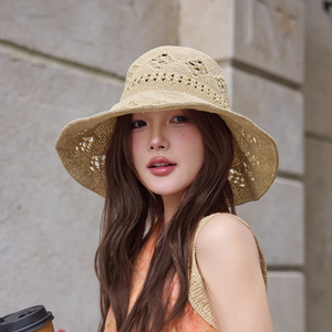 马兰花纹镂空草帽大檐渔夫帽子女夏季出游防晒遮阳透气盆帽可折叠