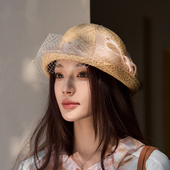 2025高定轻奢拉菲草卷边礼帽复古网纱蝴蝶结盆帽优雅卷边草帽透气