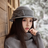 高级感珍珠蝴蝶结羊毛呢礼帽女秋冬名媛风千金渔夫帽子麻灰色盆帽