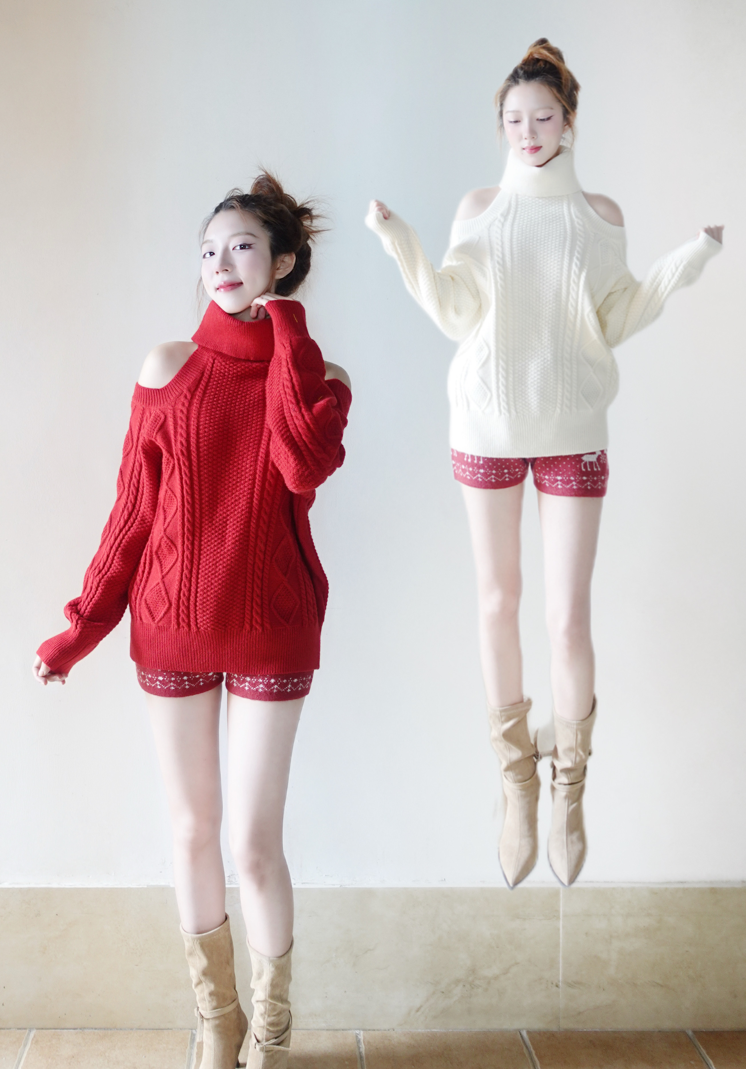 韩系复古辣妹圣诞新年红慵懒风宽松一字肩毛衣女冬季费尔岛短裤,女装/女士精品,短裤,淘宝优惠券,粉丝福利购,淘宝优惠卷