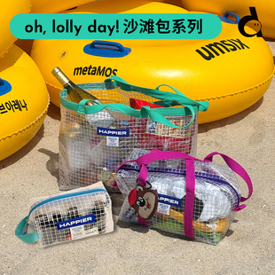 duye度也 韩国ohlollyday透明格纹沙滩单肩手提包ins多尺寸大容量