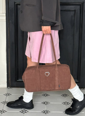 duye度也 韩国mazzzzy限定女高包蓝棕爱心条绒波士顿包ins单肩包
