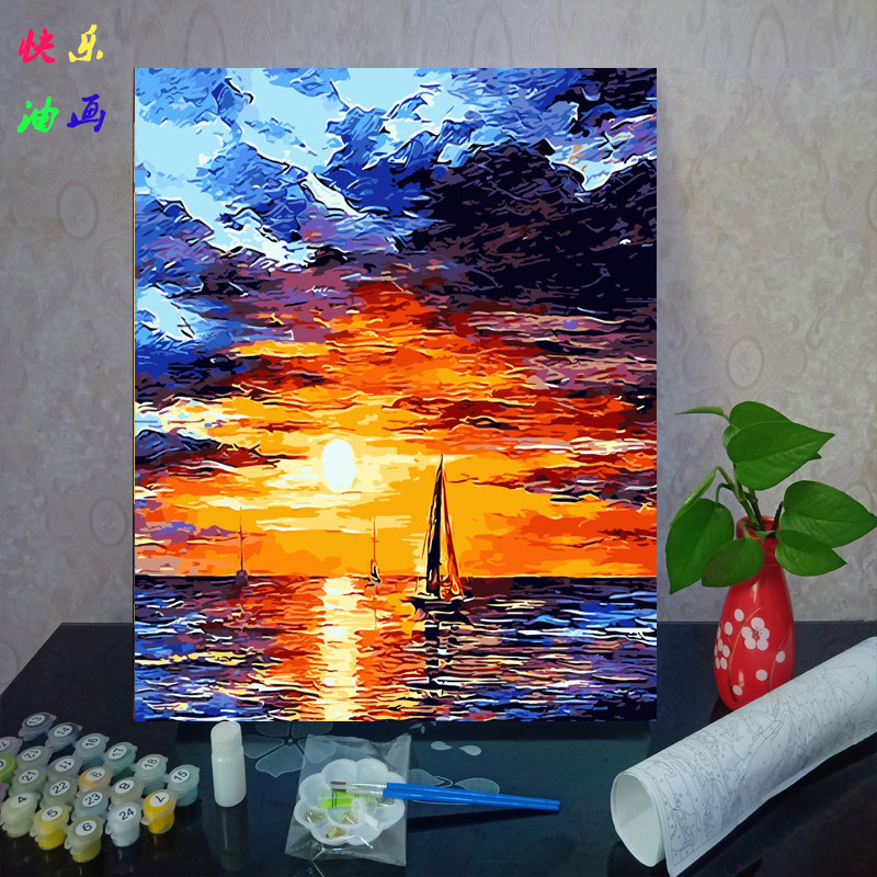 diy数字油画风景 海湾夕阳一帆风顺 日出填色卡通减压装饰画 帆船