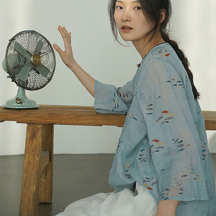 春夏 棉麻新中式 国风苎麻七分袖 女上衣禅意女装 复古斜襟珠扣衬衫