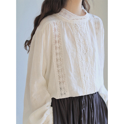 宽松文艺套头长袖亚麻蕾丝