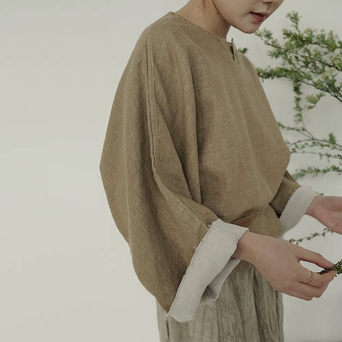 宽松复古套头九分袖亚麻手工上衣
