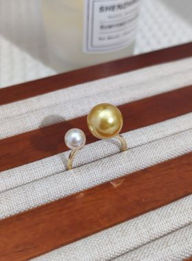 倪妮同款珍珠戒指女 施家人造珍珠南阳金时尚开口可调节轻奢指环