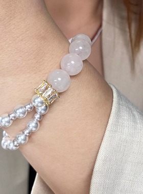 天然粉水晶手串 施家人造珍珠手链小众原创设计闺蜜礼物轻奢