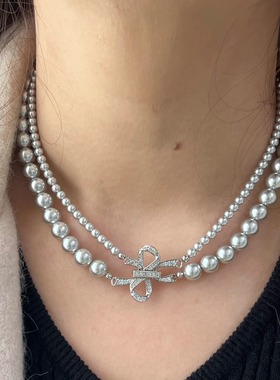 双层蝴蝶结真多麻灰珍珠链颈链秋冬短款毛衣链2025新款爆款轻奢女