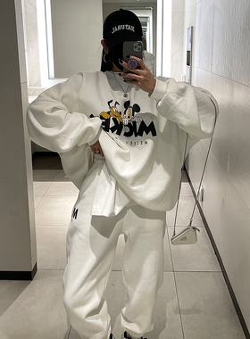 现货韩国东大门2024春秋女棉卡通印花休闲卫衣裤套装白色运动洋气