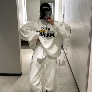 现货韩国东大门2024春秋女棉卡通印花休闲卫衣裤套装白色运动洋气