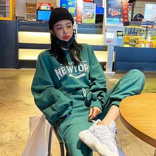 宽松运动裤 子学院风慵懒风潮 女士棉字母卫衣套装 韩国2022春秋季