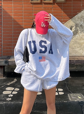 现货韩国东大门2024春秋女士棉字母印花卫衣短裤套装麻白色休闲潮