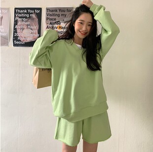 现货韩国春秋女士毛圈棉V领卫衣毛边短裤休闲套装洋气运动ins学生