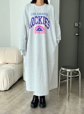 现韩国代购春季女麻白色棉蓝色字母慵懒风长裙卫衣连衣裙休闲炸街