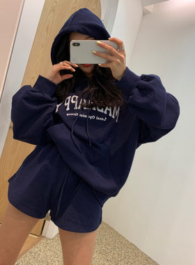 韩国春秋女连帽卫衣短裤套装蓝色