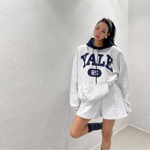 洋气 套装 现货韩国2025春女士ins博主连帽拼接字母卫衣休闲裤 短裤