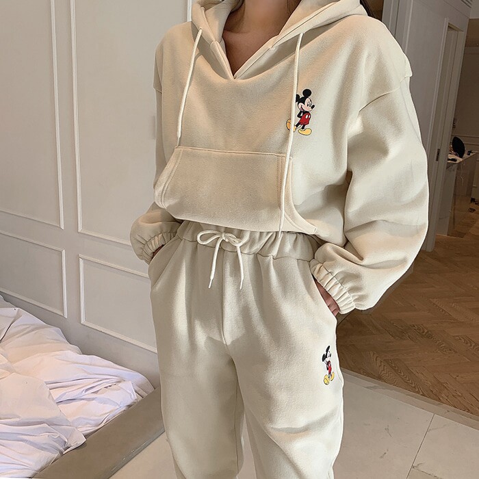 现代购韩国东大门秋冬女士棉卡通连帽卫衣裤休闲套装运动学生保暖