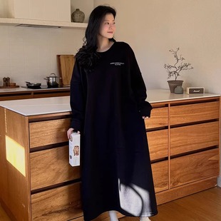 连衣裙女显瘦大码 棉黑色长袖 宽松长裙简约气质裙 2025冬季 韩国代购