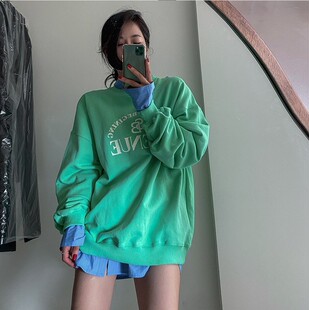 现货韩国东大门2024春秋女装棉字母印花卫衣慵懒风红色ins休闲潮