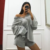 ins气质 套装 现货韩国春秋季 灰色棉宽松休闲系带连帽卫衣短裤