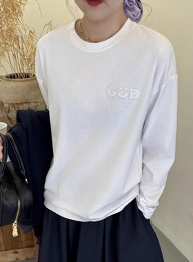现货2025春秋新款时尚休闲T恤女洋气减龄打底衫长袖上衣潮白色棉