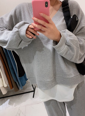 现货韩国东大门秋季女华夫格棉宽松V领卫衣裤子运动休闲套装简约